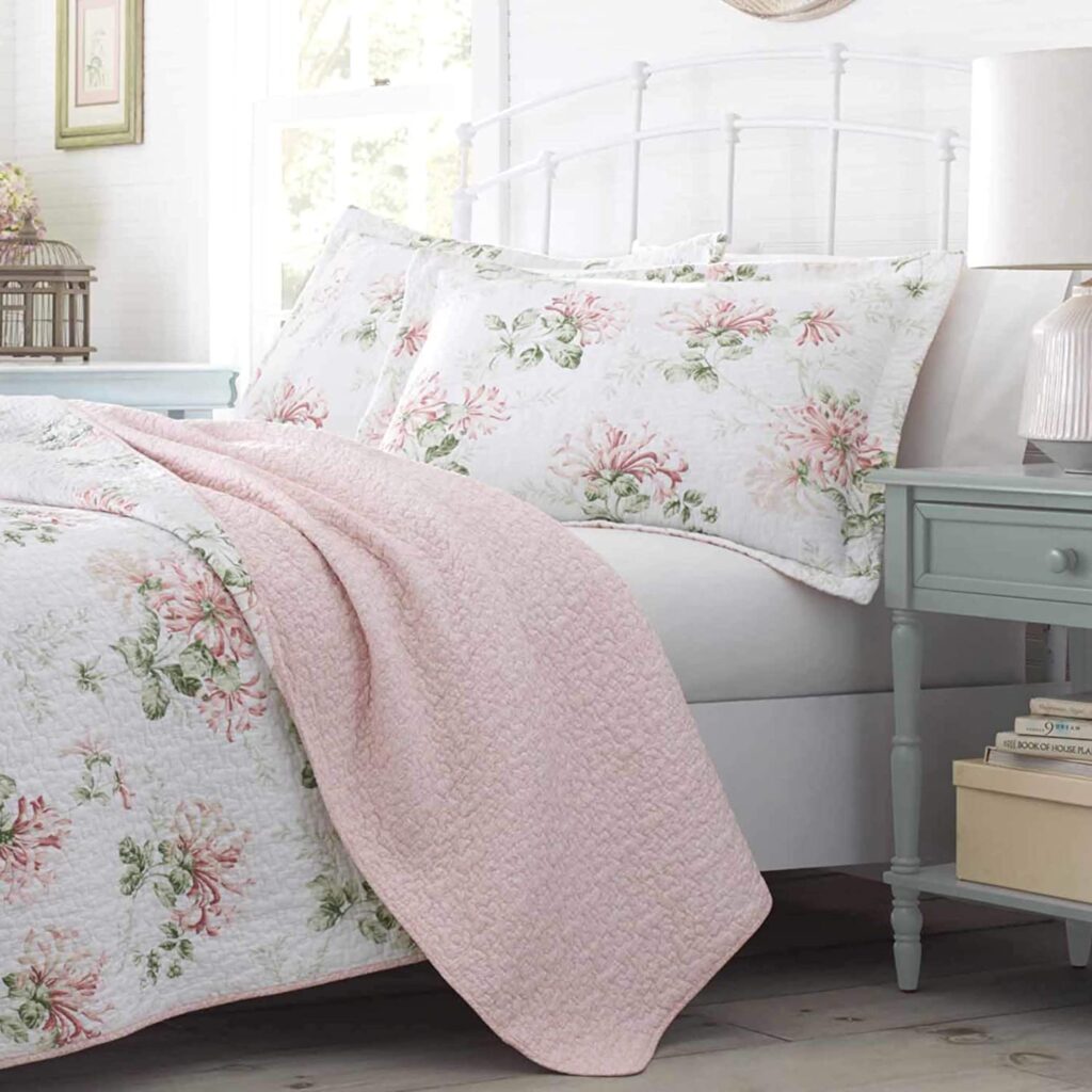 Laura Ashley ローラアシュレイ【シングル】Honeysuckle パステルピンク ベッドキルトセット 